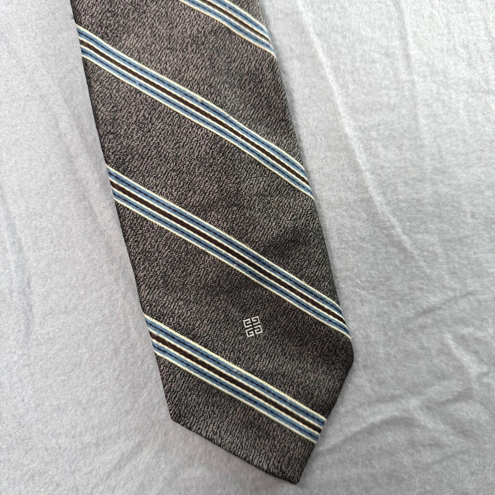 Vintage Givenchy Tie Mens OS Grey Blue Striped Silk Logo Monsieur